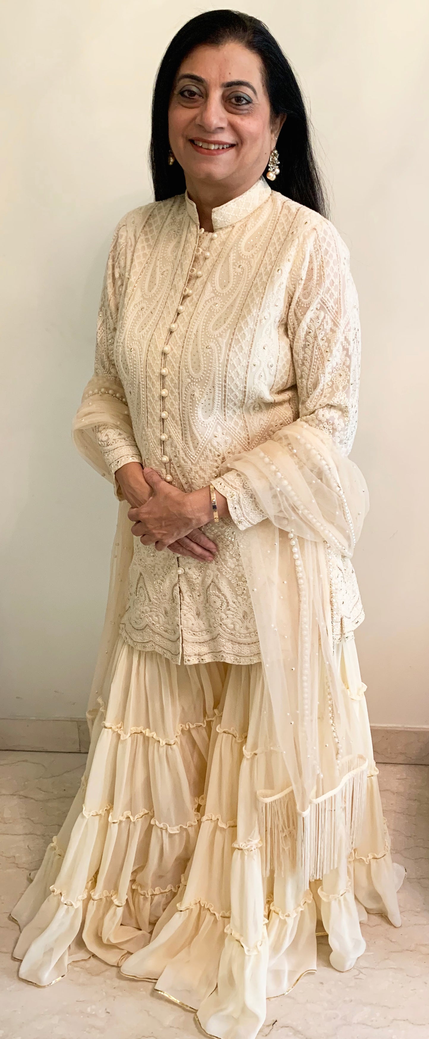 BEIGE CHIKANKARI FRILL SHARARA SET