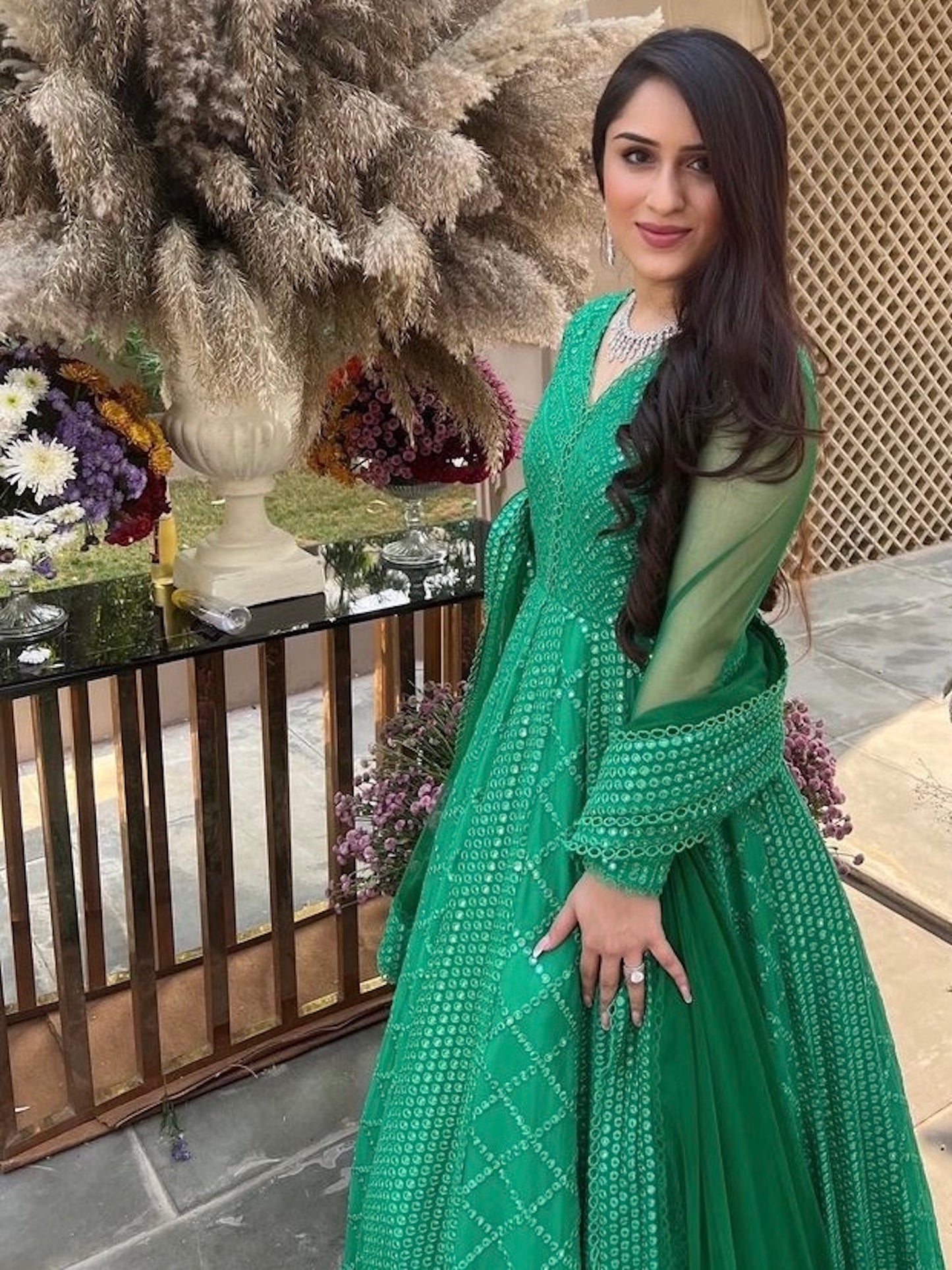 NIKITA VASDEV IN GREEN MIRROR WORK ANARKALI