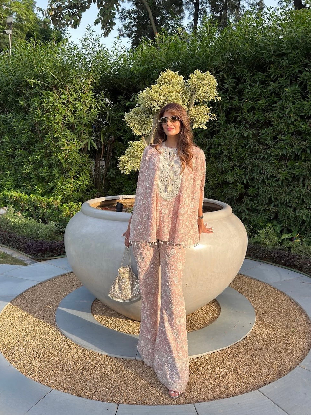 NEHA NAGAR IN PINK LUCKNAWI PEARL WORK CAPE SET