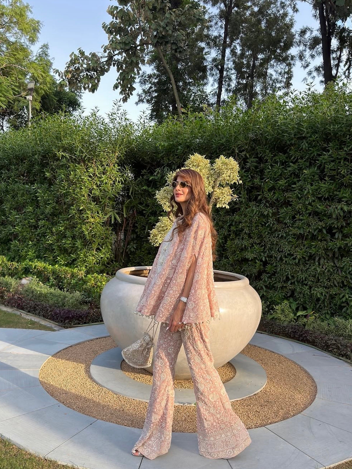 NEHA NAGAR IN PINK LUCKNAWI PEARL WORK CAPE SET