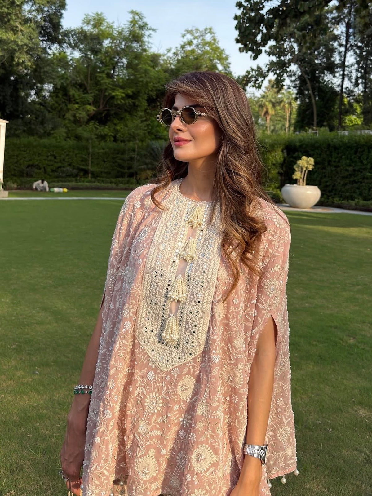 NEHA NAGAR IN PINK LUCKNAWI PEARL WORK CAPE SET