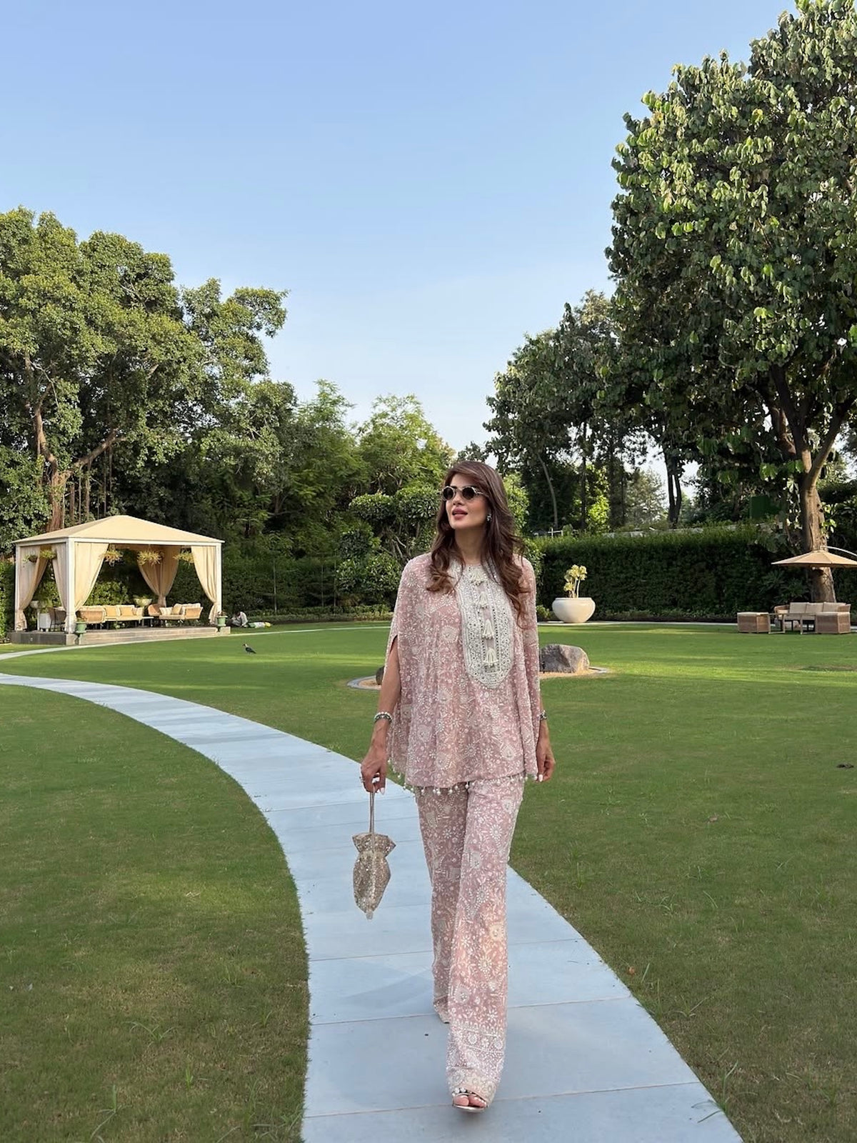 NEHA NAGAR IN PINK LUCKNAWI PEARL WORK CAPE SET