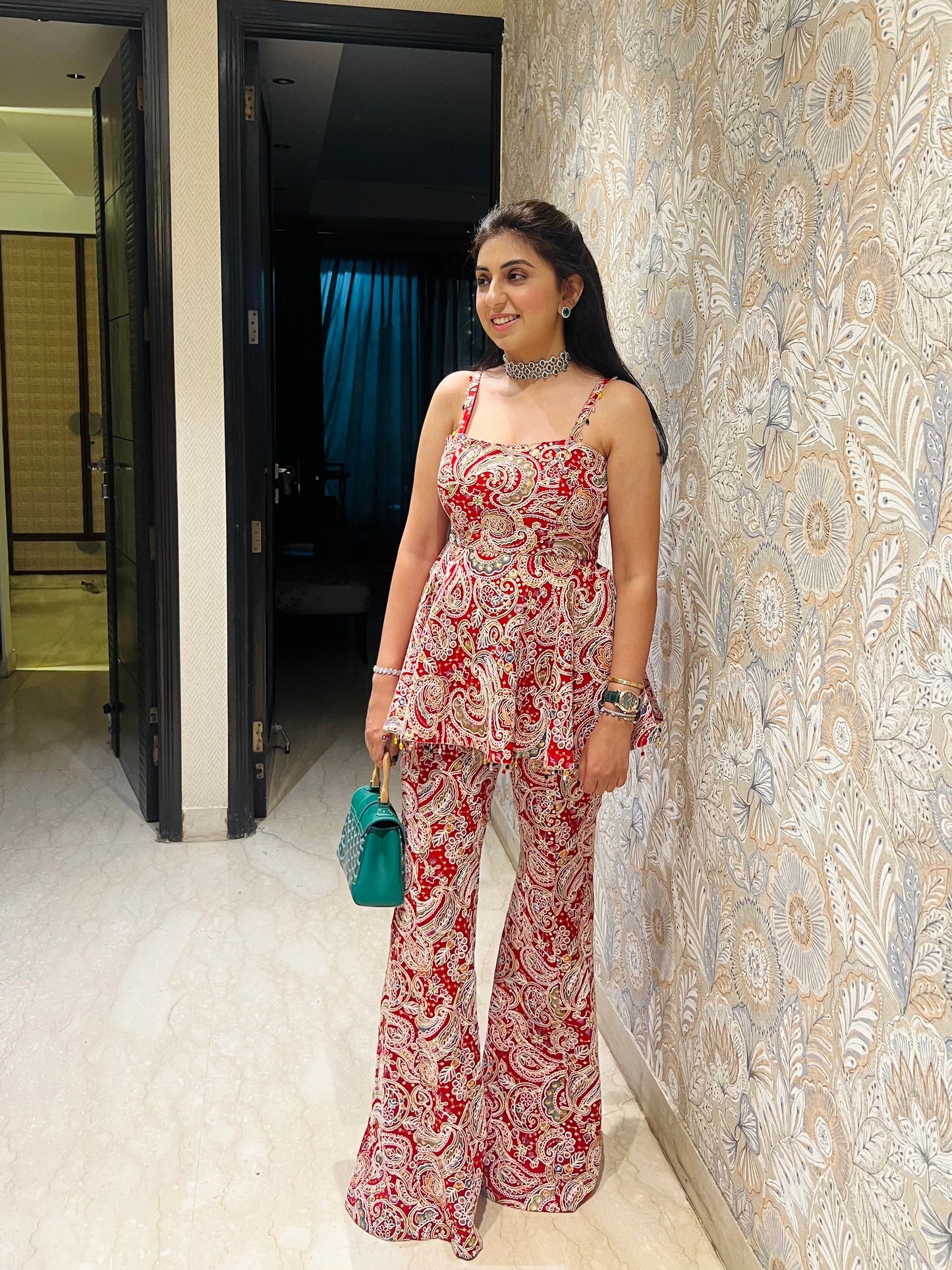 NIKITA KHURANA IN RED MULTI COLOR EMBROIDERED PEPLUM SET