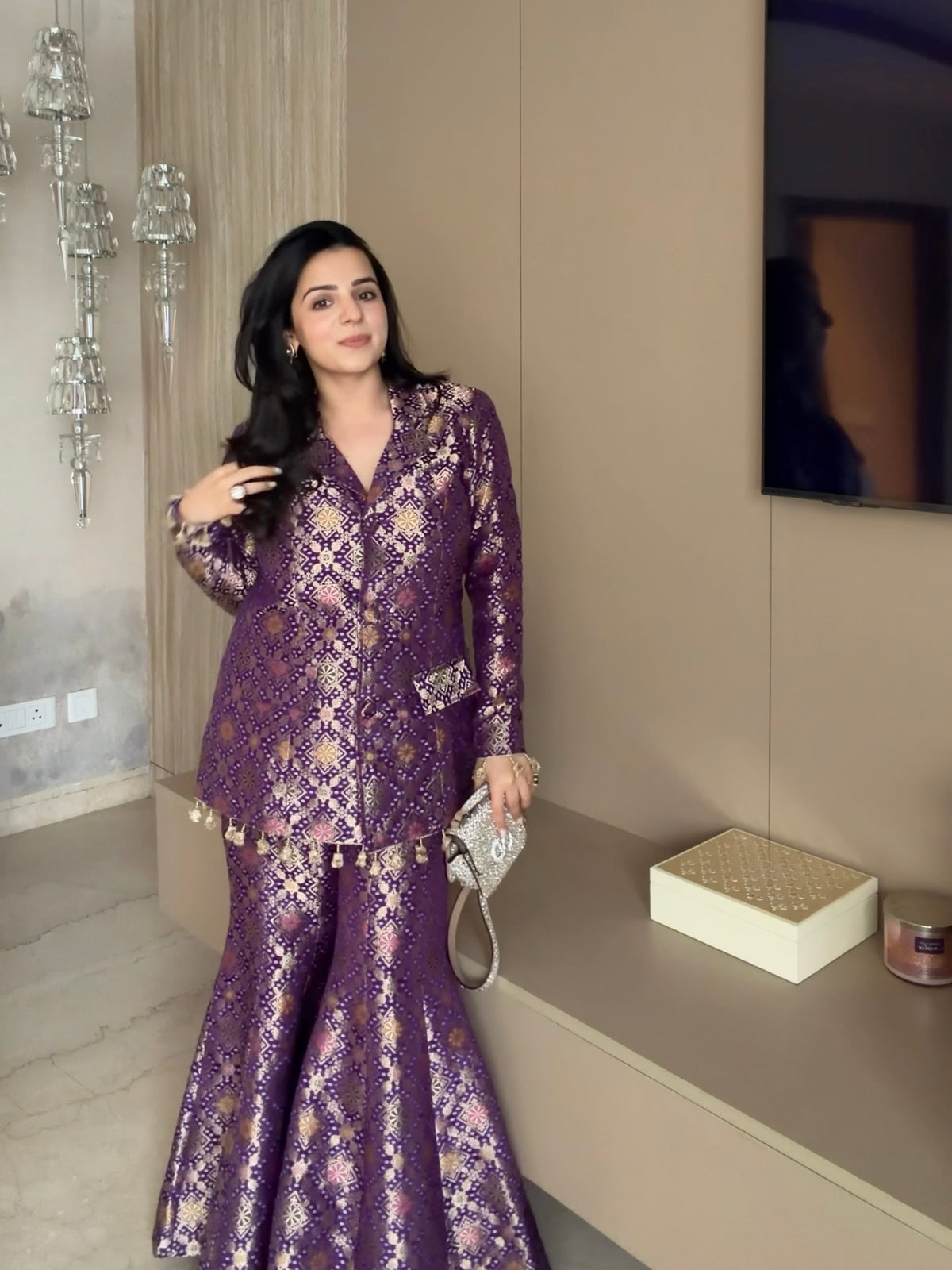 TANYA NARANG IN PURPLE BROCADE BLAZER SET