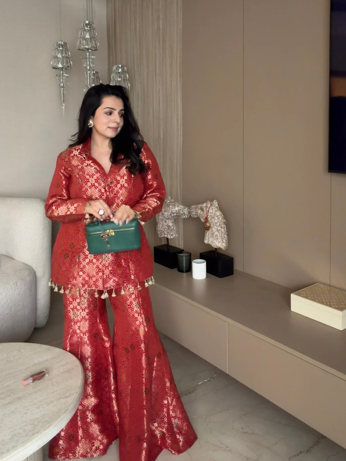 TANYA NARANG IN RED BROCADE BLAZER SET