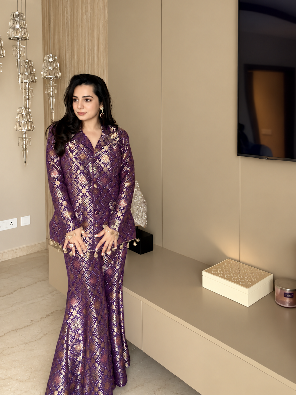 TANYA NARANG IN PURPLE BROCADE BLAZER SET