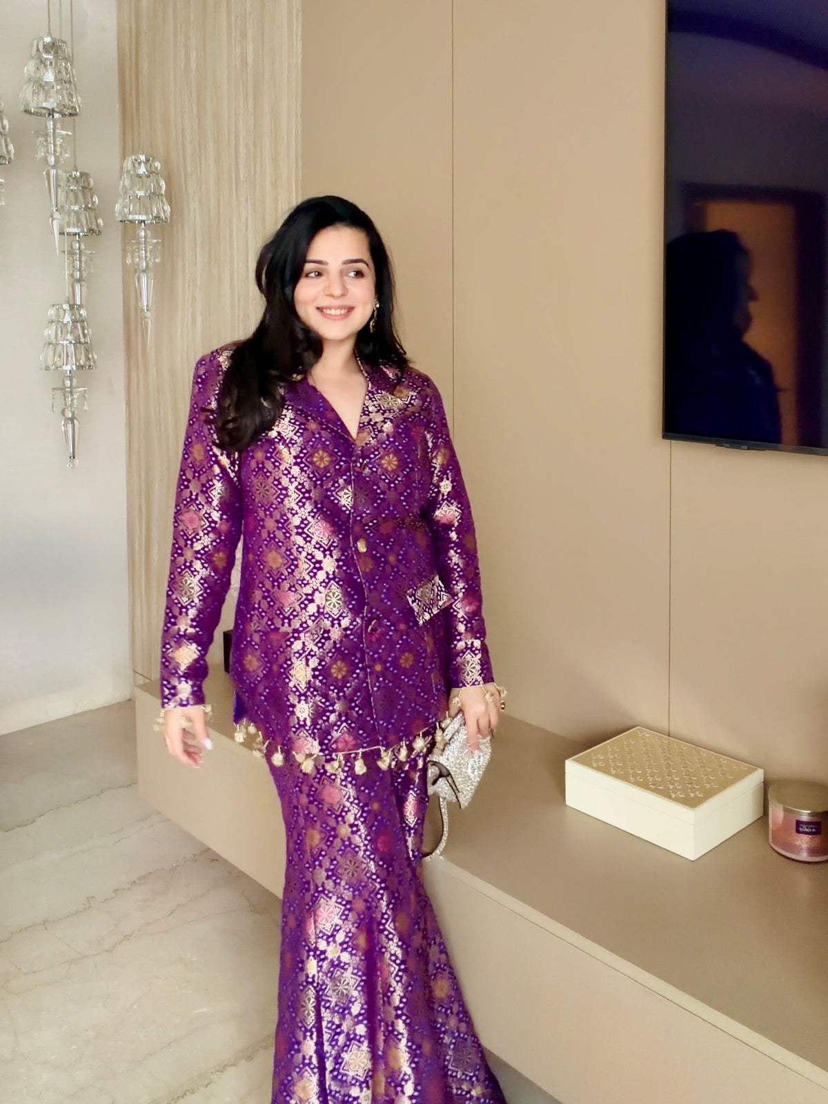 TANYA NARANG IN PURPLE BROCADE BLAZER SET
