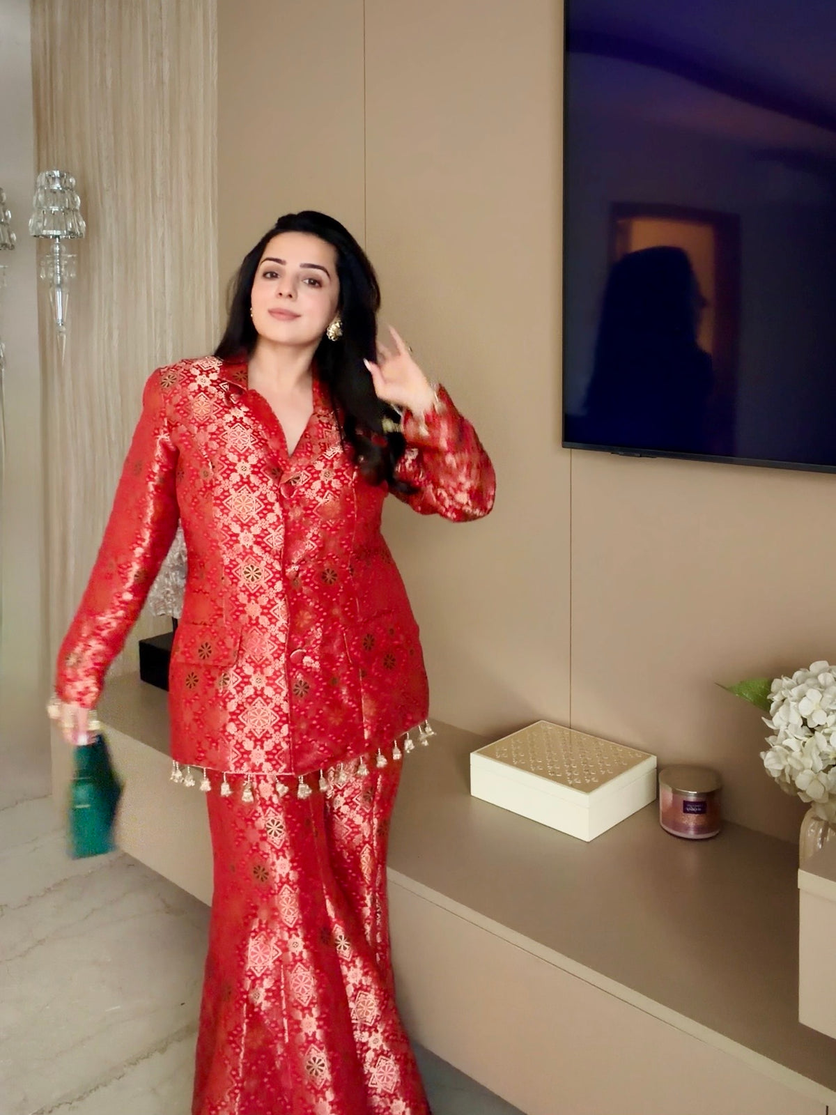 TANYA NARANG IN RED BROCADE BLAZER SET