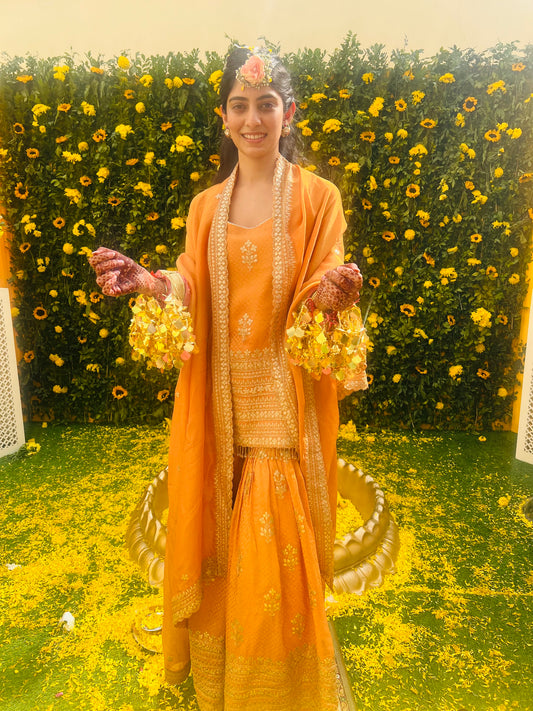 RHEA KHOSLA IN ORANGE BANARSI SHARARA SET