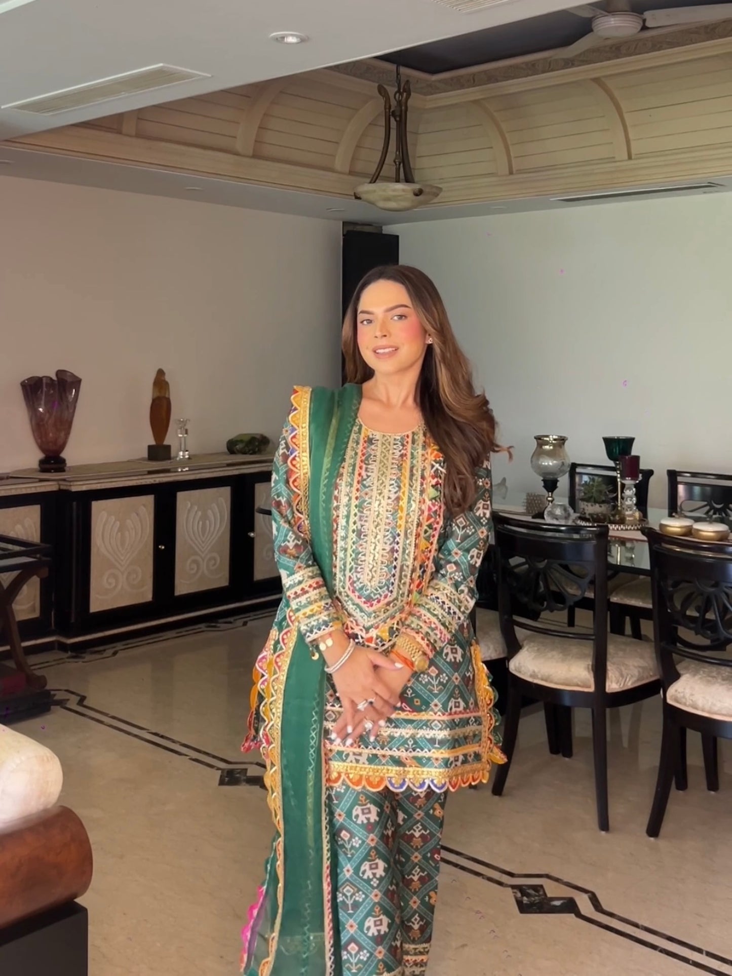 CHANDNI GIRDHAR IN GREEN PATOLA KURTA SET