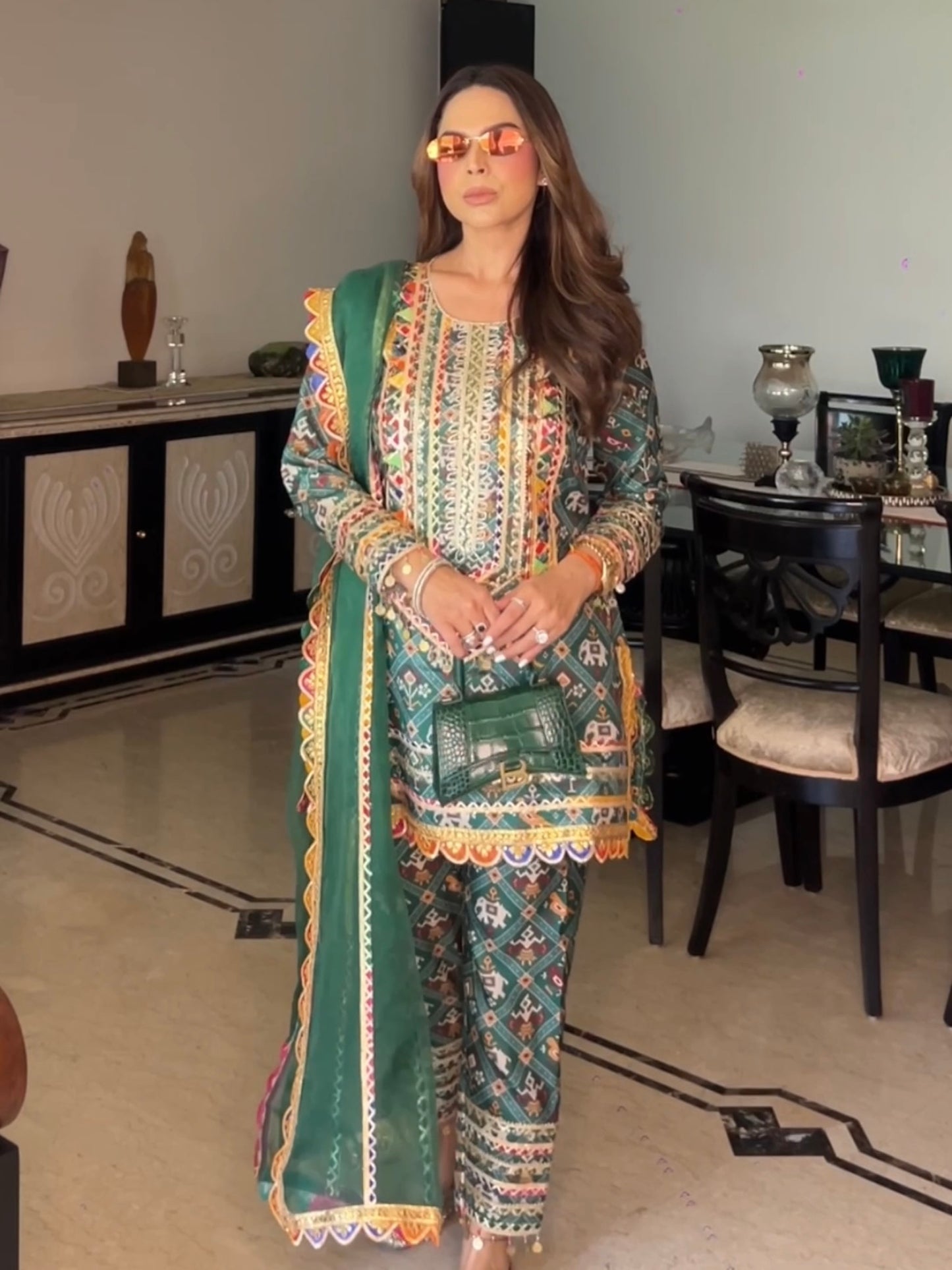 CHANDNI GIRDHAR IN GREEN PATOLA KURTA SET