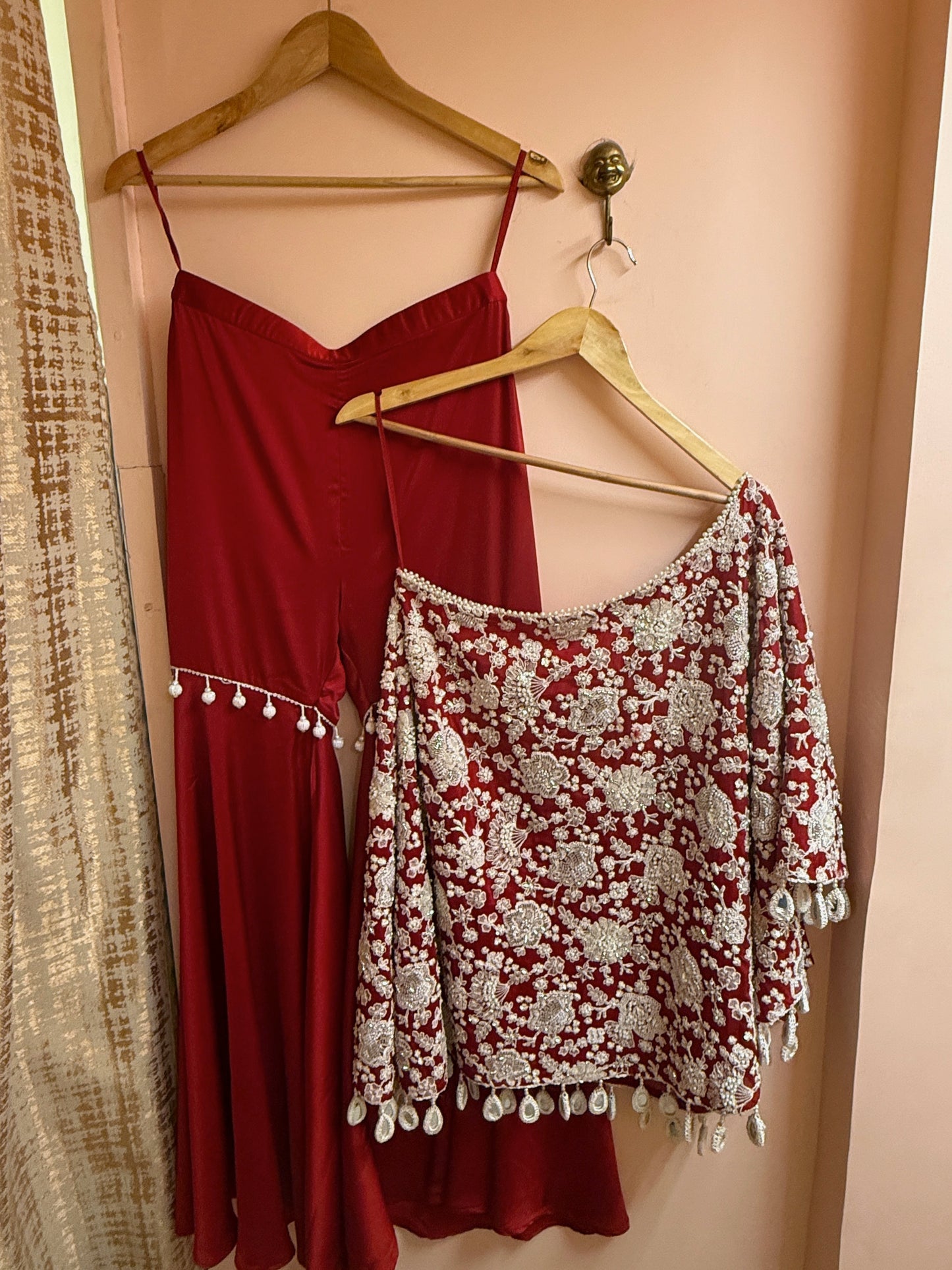 RED PEARL WORK OFF SHOULDER CAPE SET