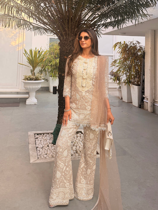 MEHER TALUJA IN BEIGE LUCKNAWI PEARL WORK COORD SET