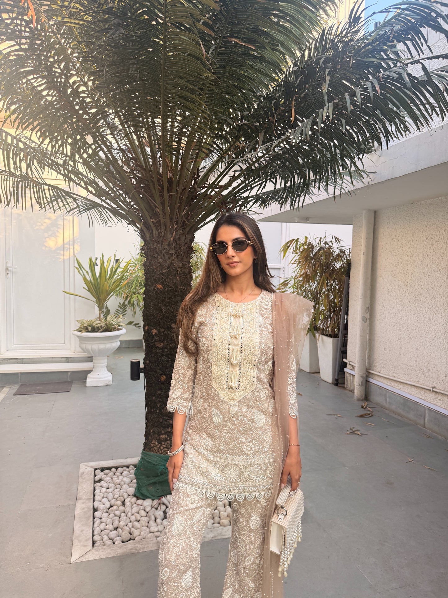 MEHER TALUJA IN BEIGE LUCKNAWI PEARL WORK COORD SET