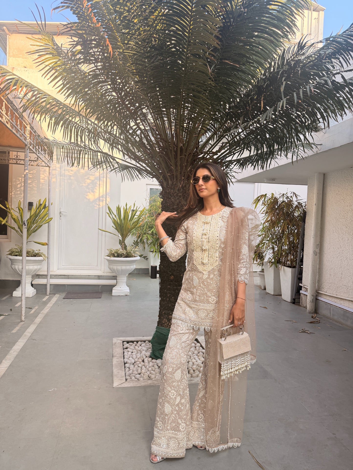 MEHER TALUJA IN BEIGE LUCKNAWI PEARL WORK COORD SET