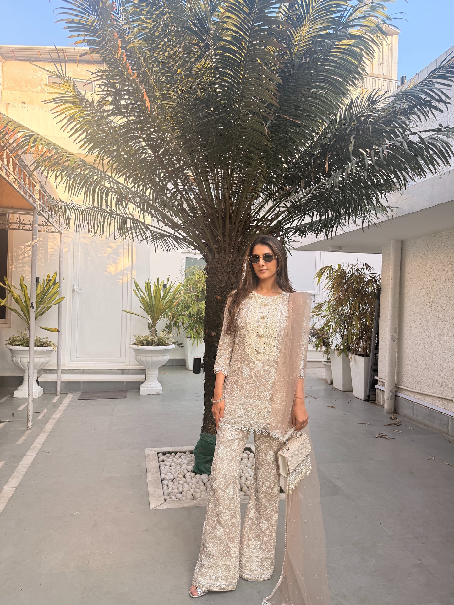 MEHER TALUJA IN BEIGE LUCKNAWI PEARL WORK COORD SET
