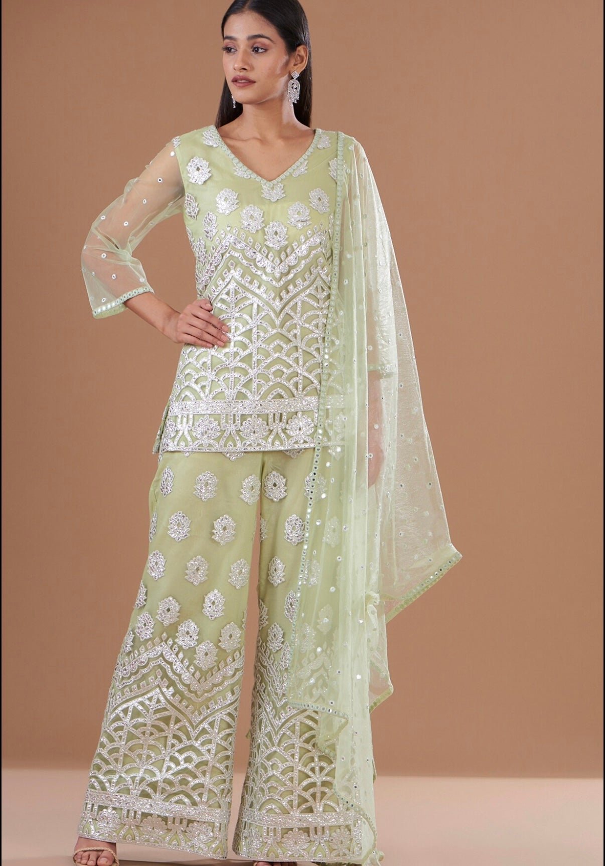 LIGHT GREEN FOIL WORK COORD SET
