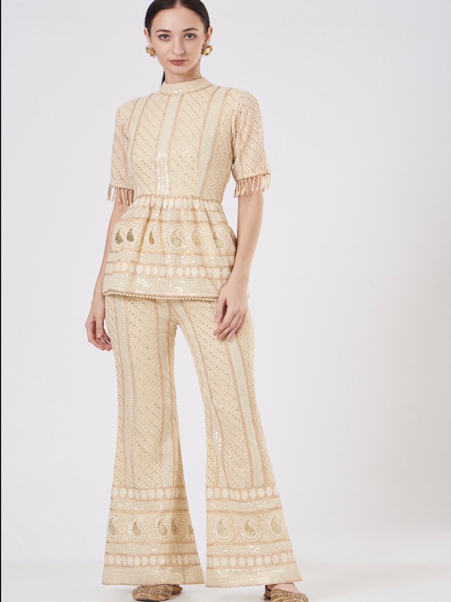 BEIGE CHIKANKARI PEPLUM COORD SET