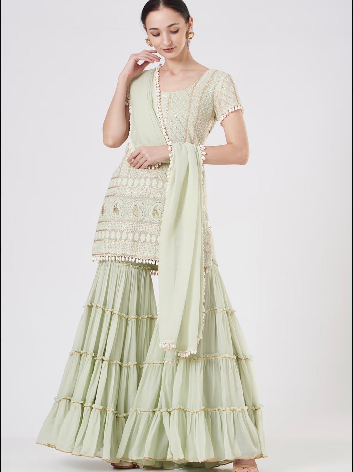 MINT GREEN CHIKANKARI (SHELLS) FRILL SHARARA SET