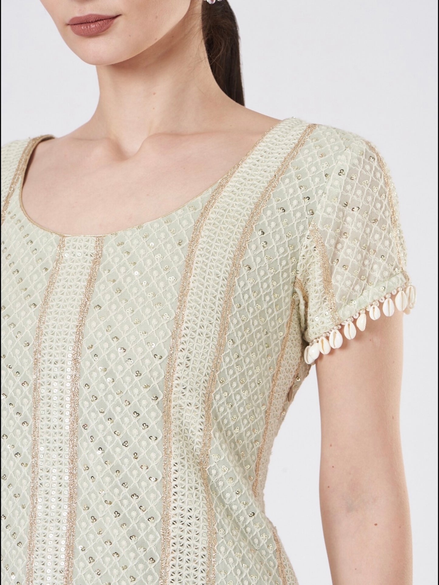 MINT GREEN CHIKANKARI (SHELLS) FRILL SHARARA SET