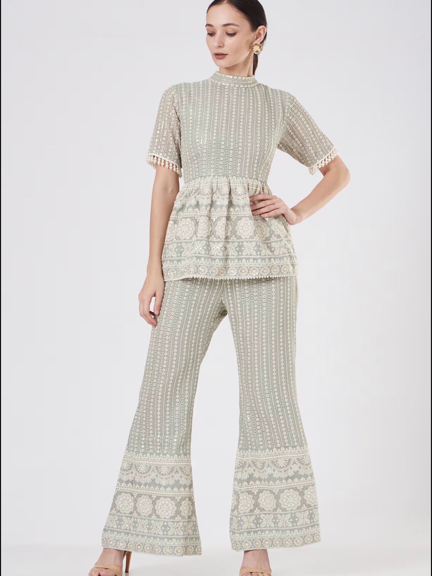GREY CHIKANKARI PEPLUM COORD SET