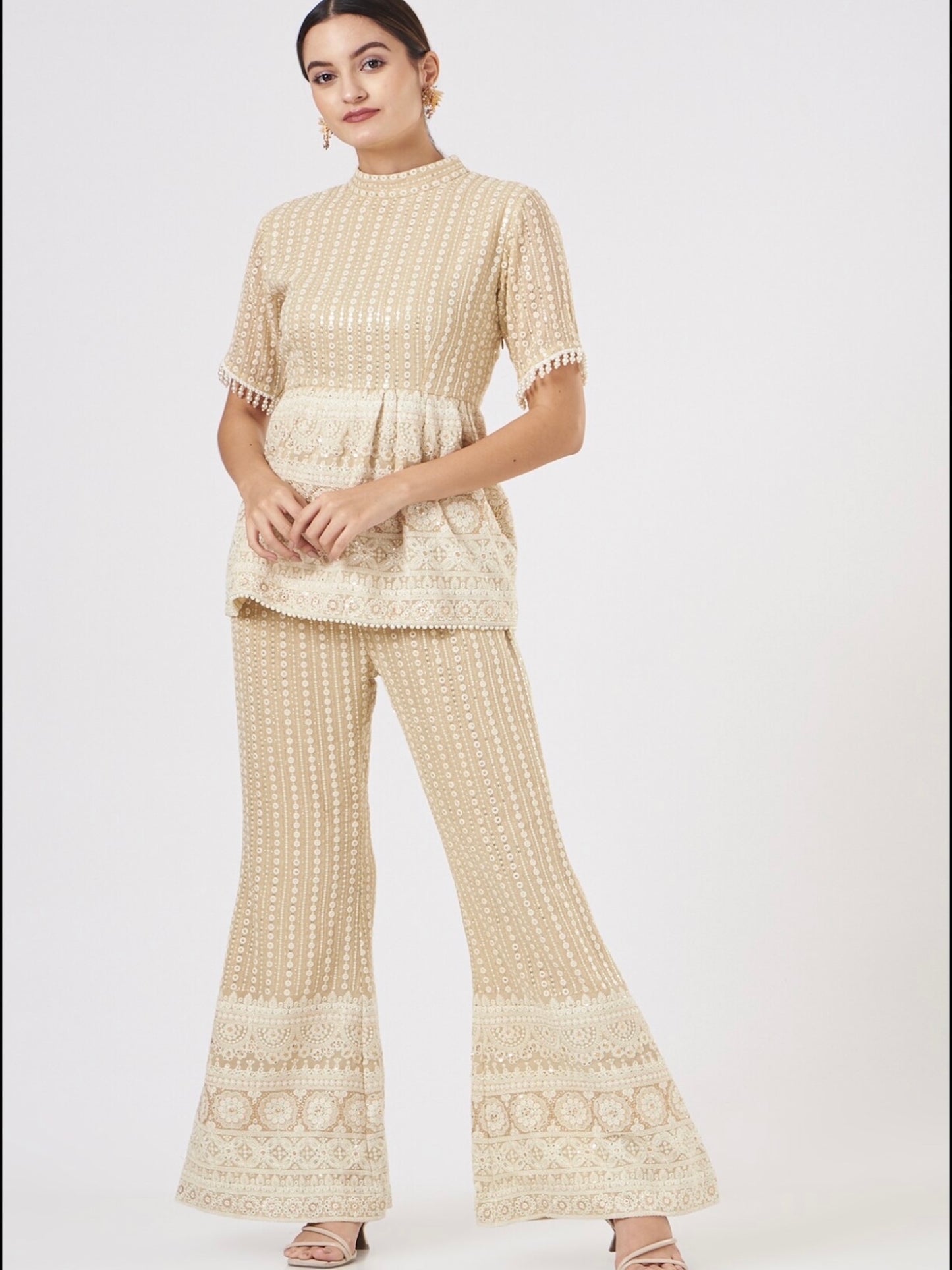 BEIGE CHIKANKARI PEPLUM COORD SET