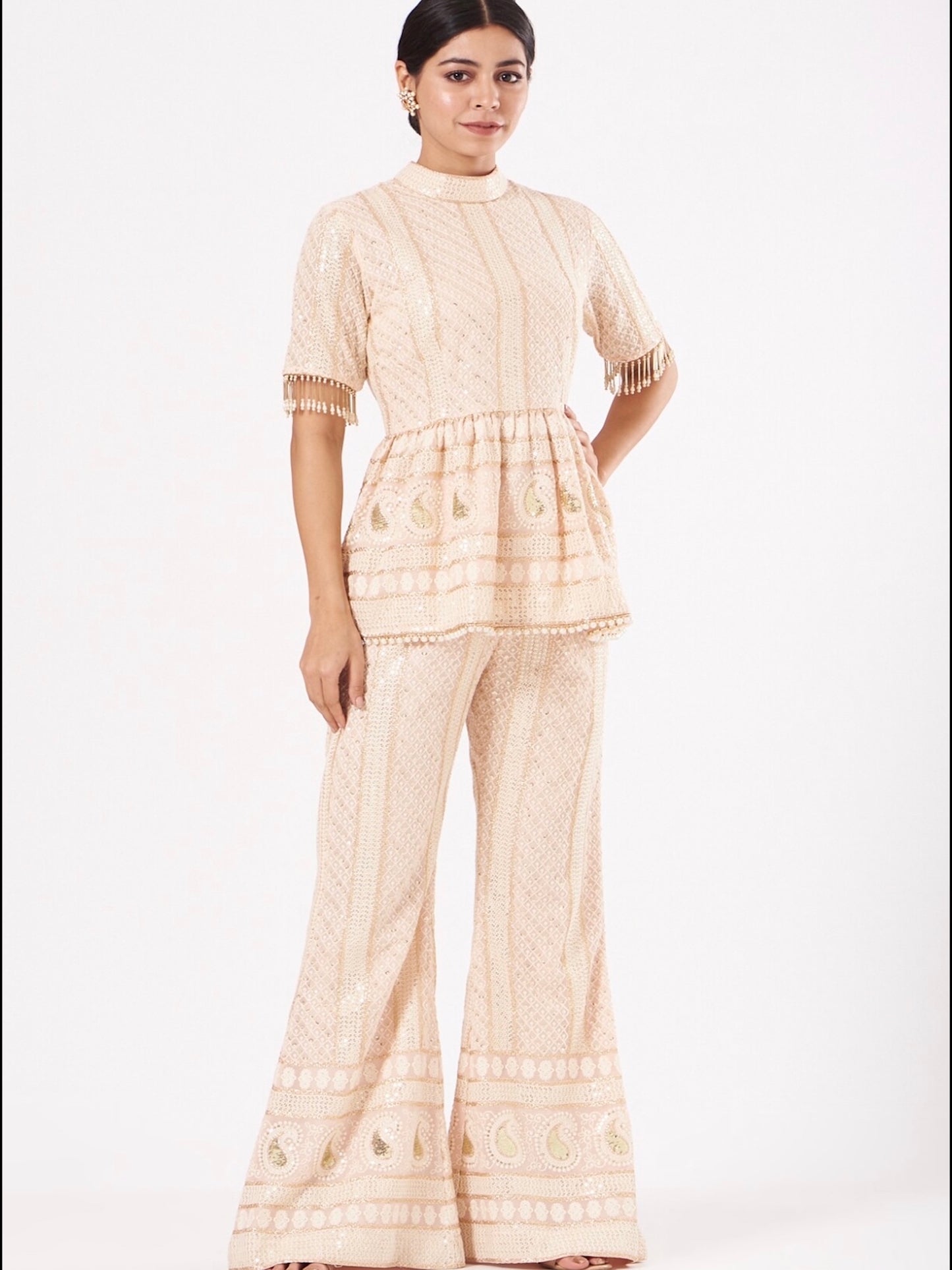 PEACH CHIKANKARI PEPLUM COORD SET