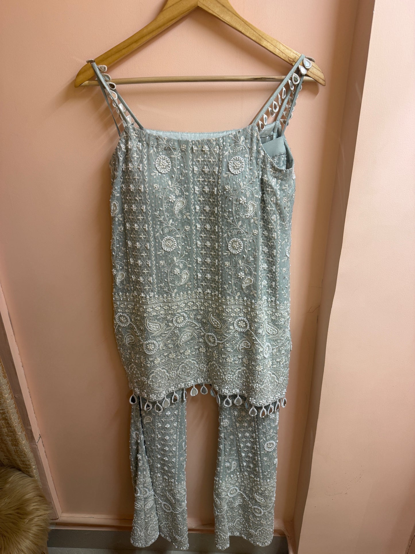 BLUE LUCKNAWI PEARL WORK COORD SET