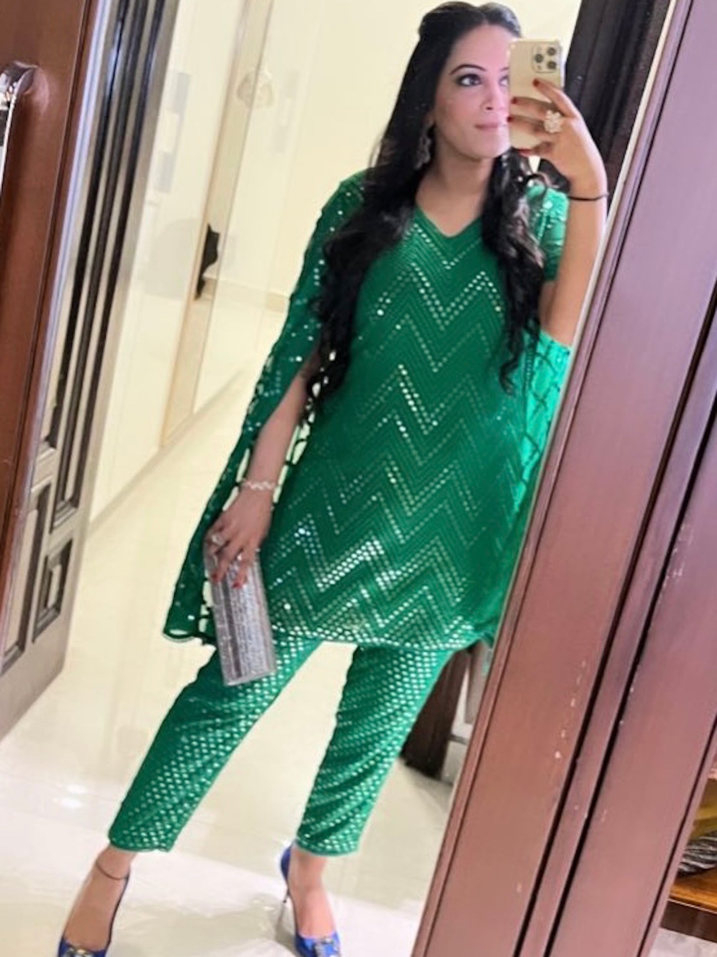 SHRADHA AJMANI IN GREEN MIRROR WORK COORD SET