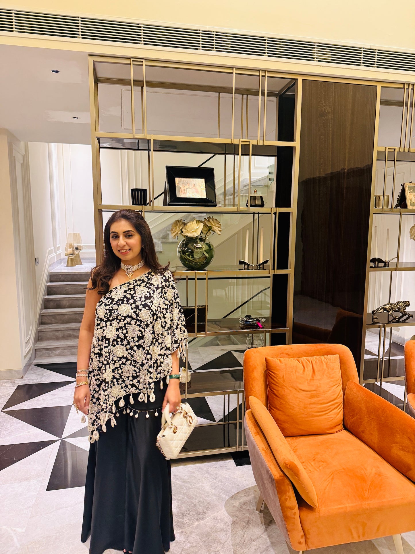 NIKITA KHURANA IN BLACK PEARL WORK OFF SHOULDER CAPE SET