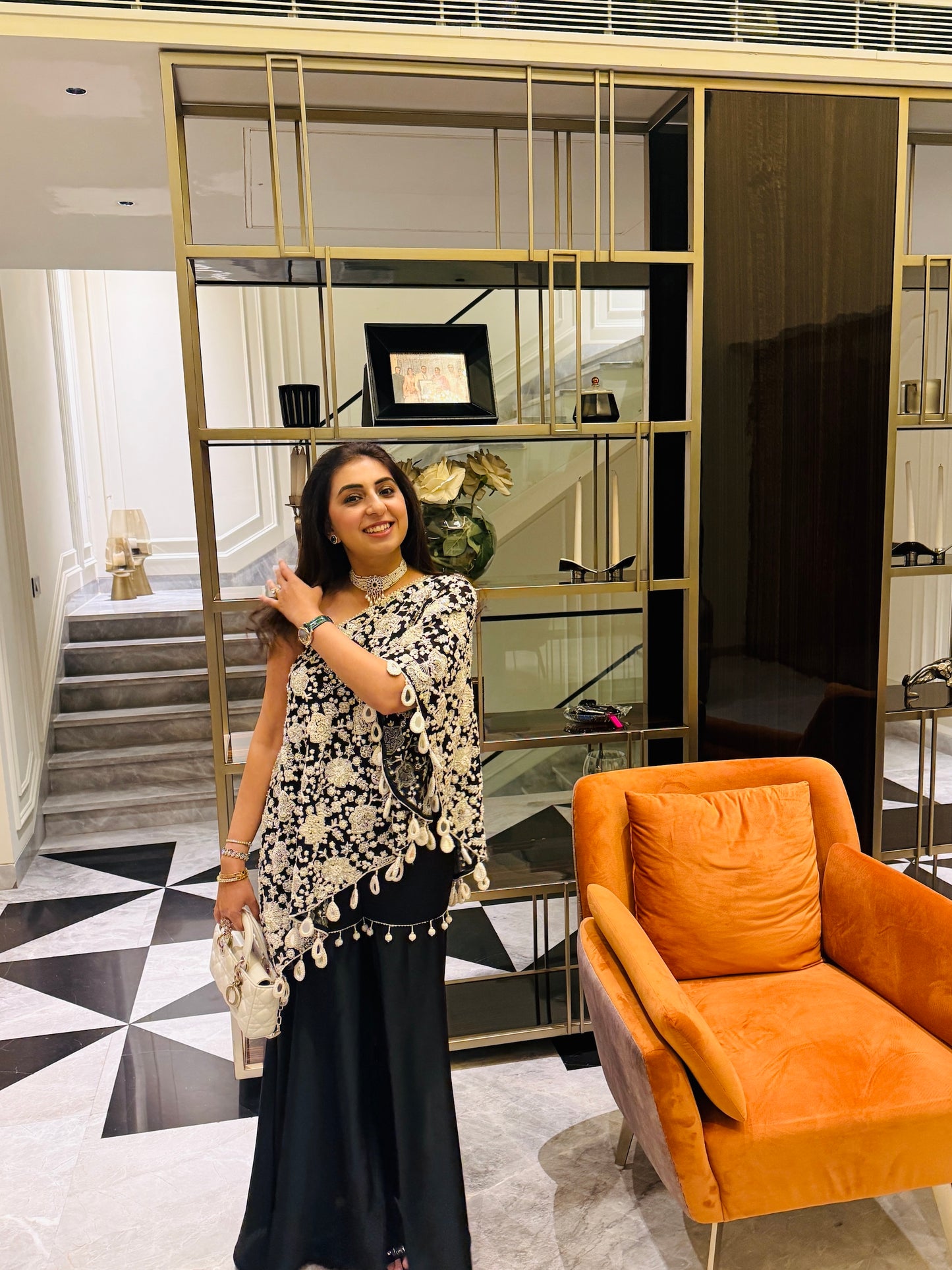 NIKITA KHURANA IN BLACK PEARL WORK OFF SHOULDER CAPE SET