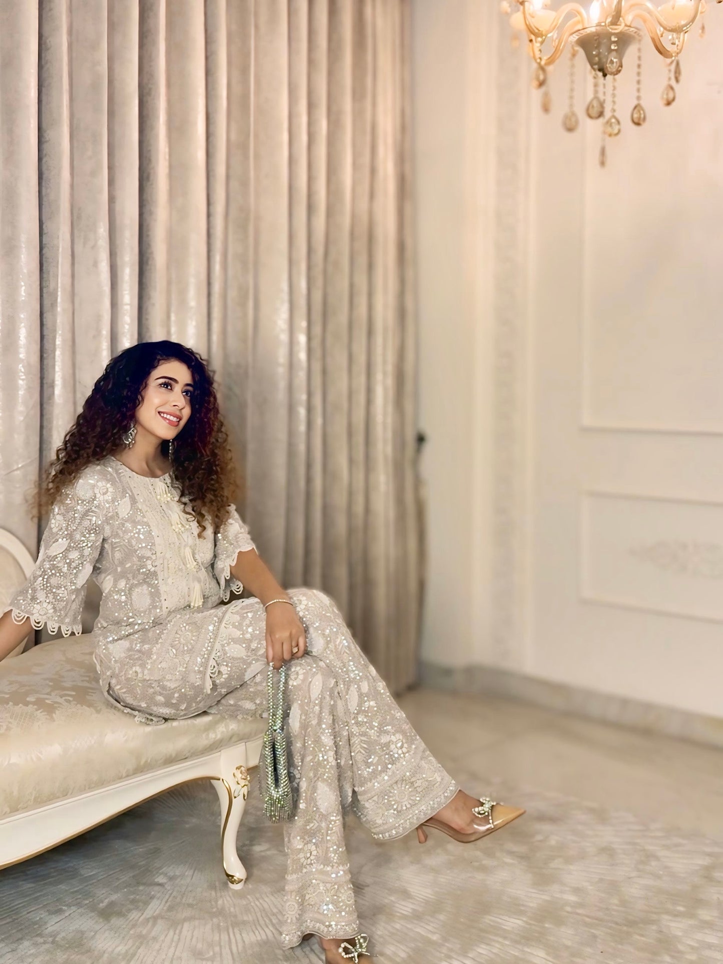 KIRAN SINGH IN BEIGE LUCKNAWI PEARL WORK COORD SET