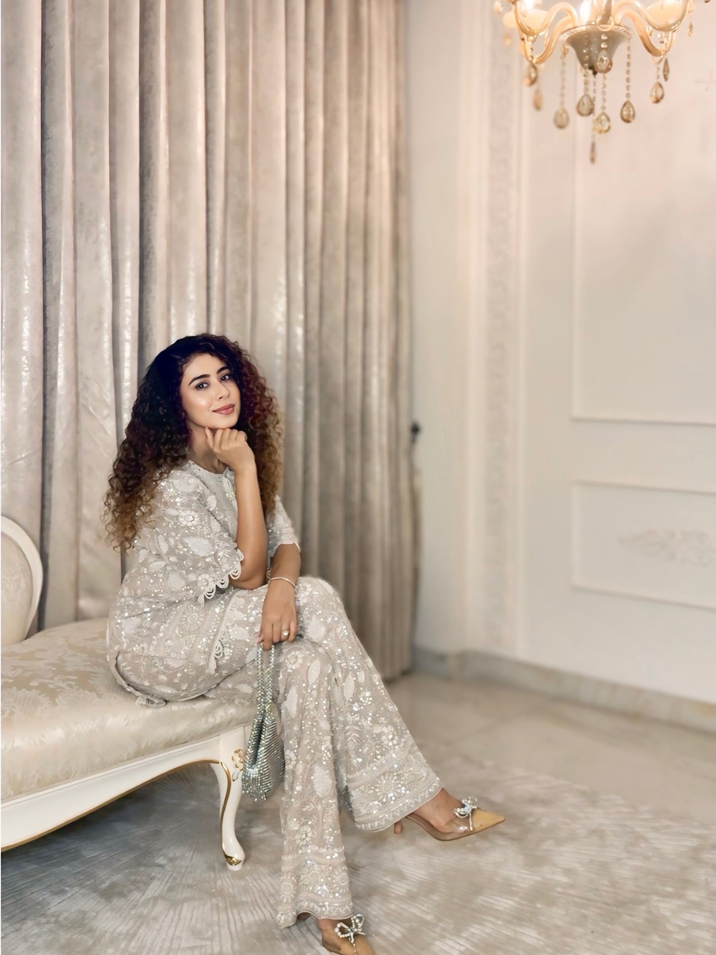 KIRAN SINGH IN BEIGE LUCKNAWI PEARL WORK COORD SET