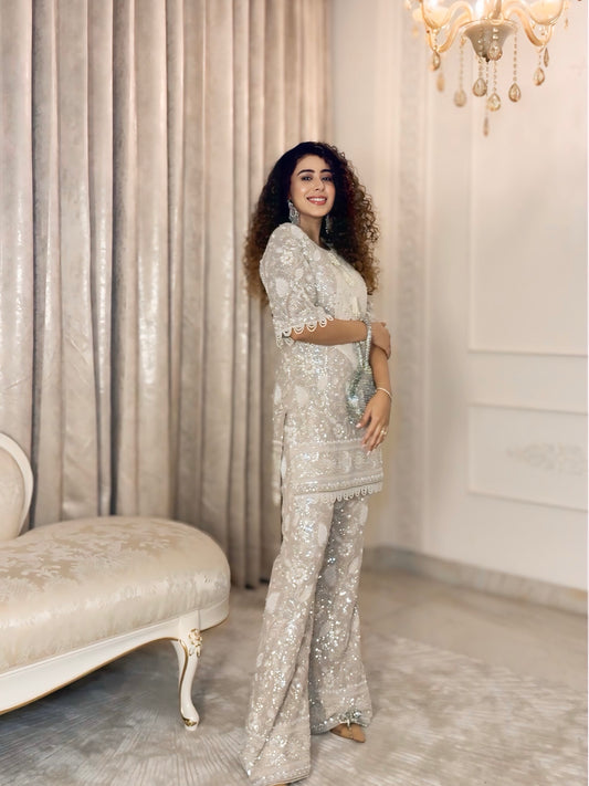 KIRAN SINGH IN BEIGE LUCKNAWI PEARL WORK COORD SET