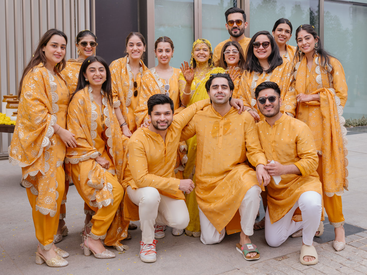 BRIDESMAIDS IN ORANGE TISSUE DHOTI SET