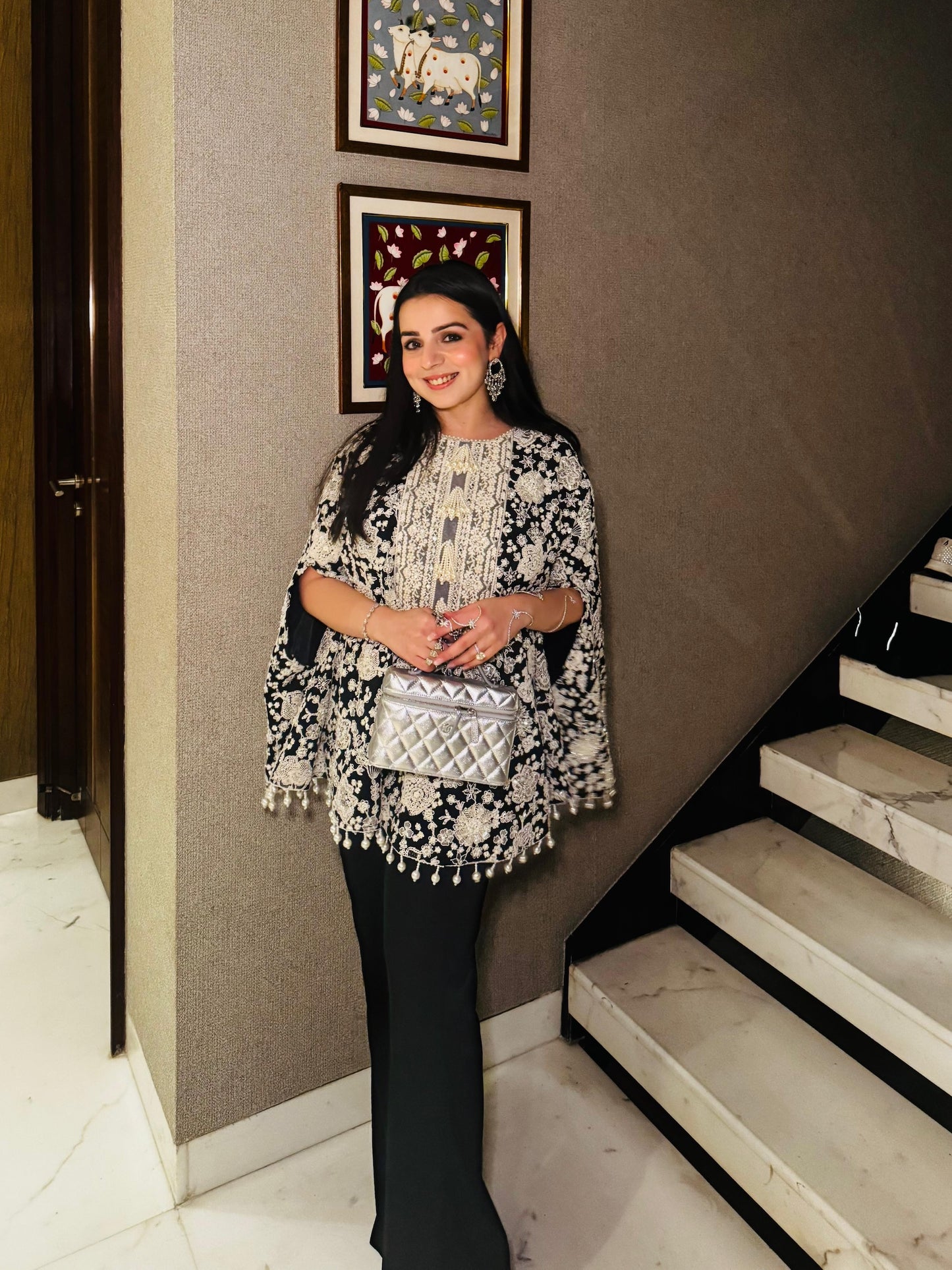 TANYA NARANG IN BLACK PEARL WORK CAPE SET WITH NECK EMBROIDERY