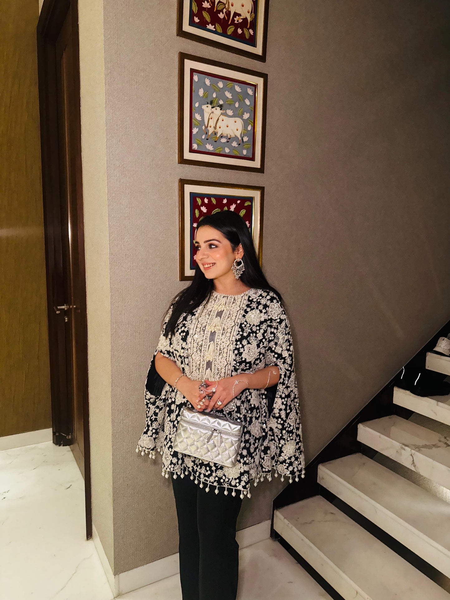 TANYA NARANG IN BLACK PEARL WORK CAPE SET WITH NECK EMBROIDERY