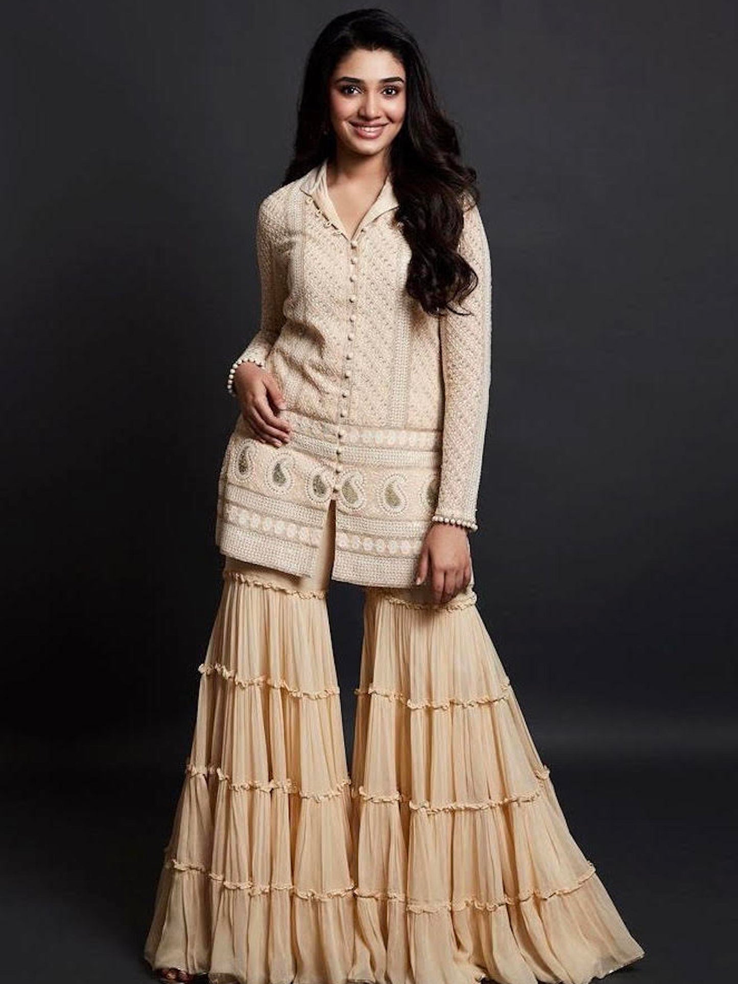 CHIKANKARI FRILL SHARARA SET