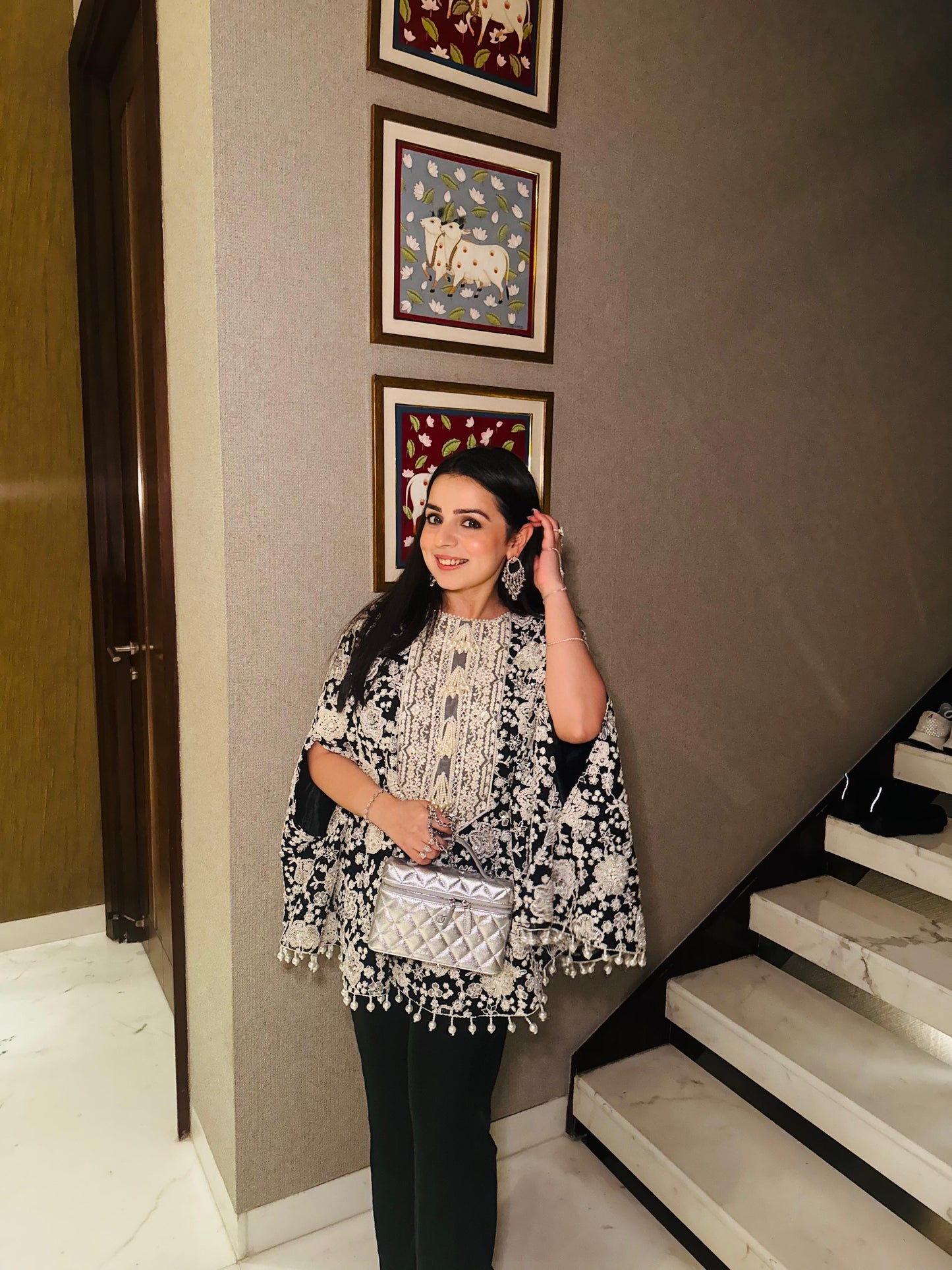 TANYA NARANG IN BLACK PEARL WORK CAPE SET WITH NECK EMBROIDERY
