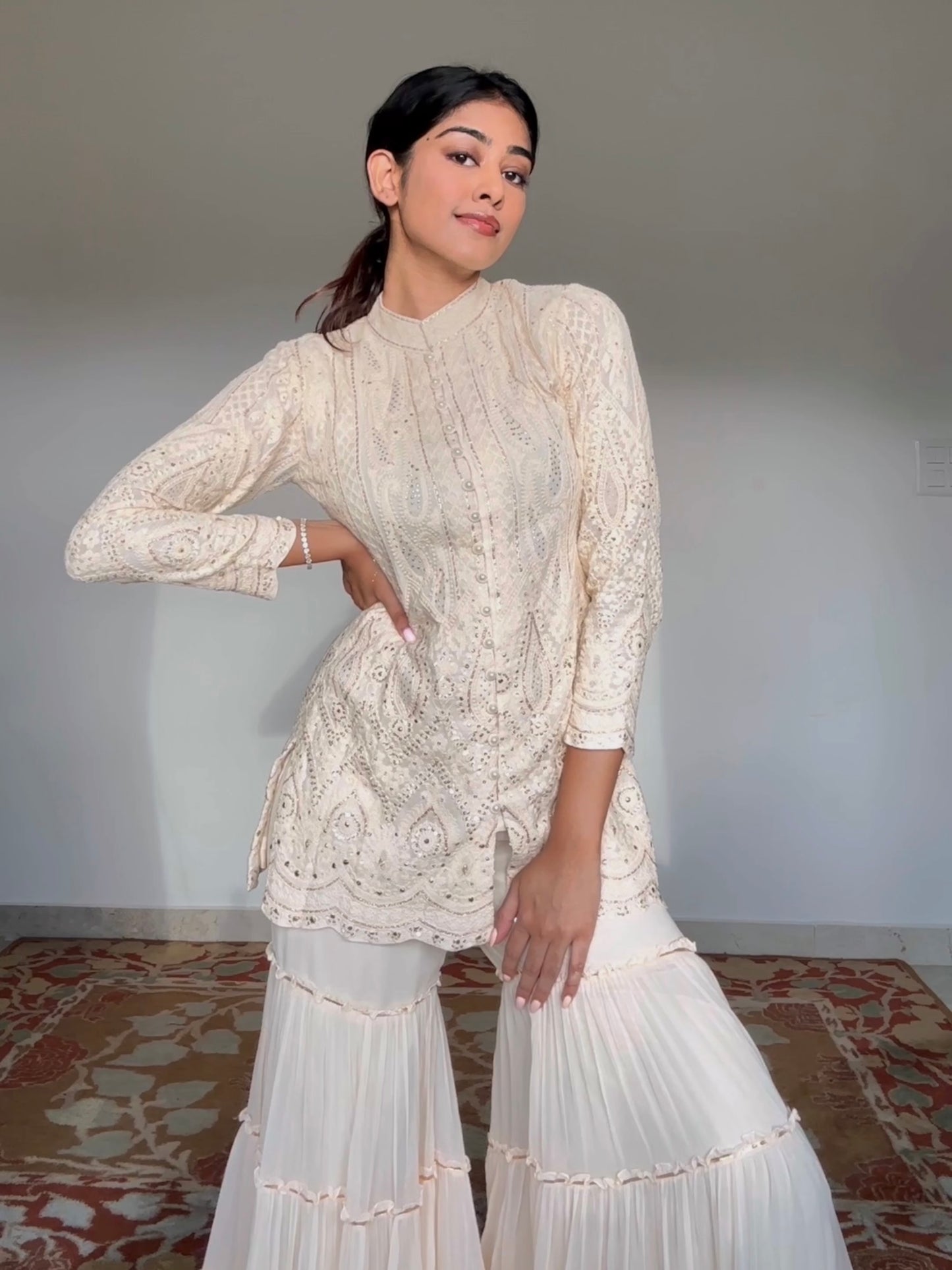 DIVYA BOPPANA IN BEIGE CHIKANKARI FRILL SHARARA SET