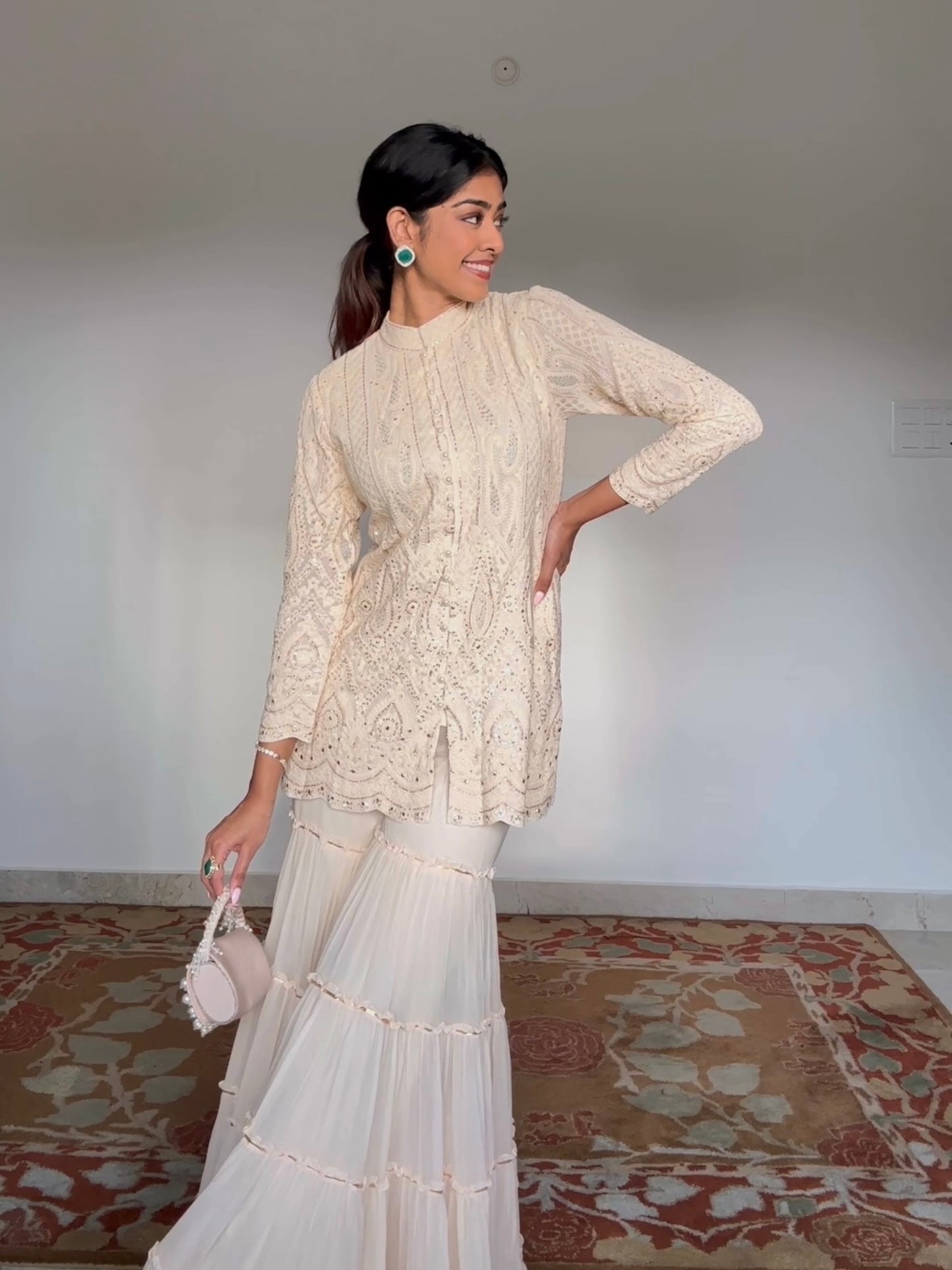 DIVYA BOPPANA IN BEIGE CHIKANKARI FRILL SHARARA SET