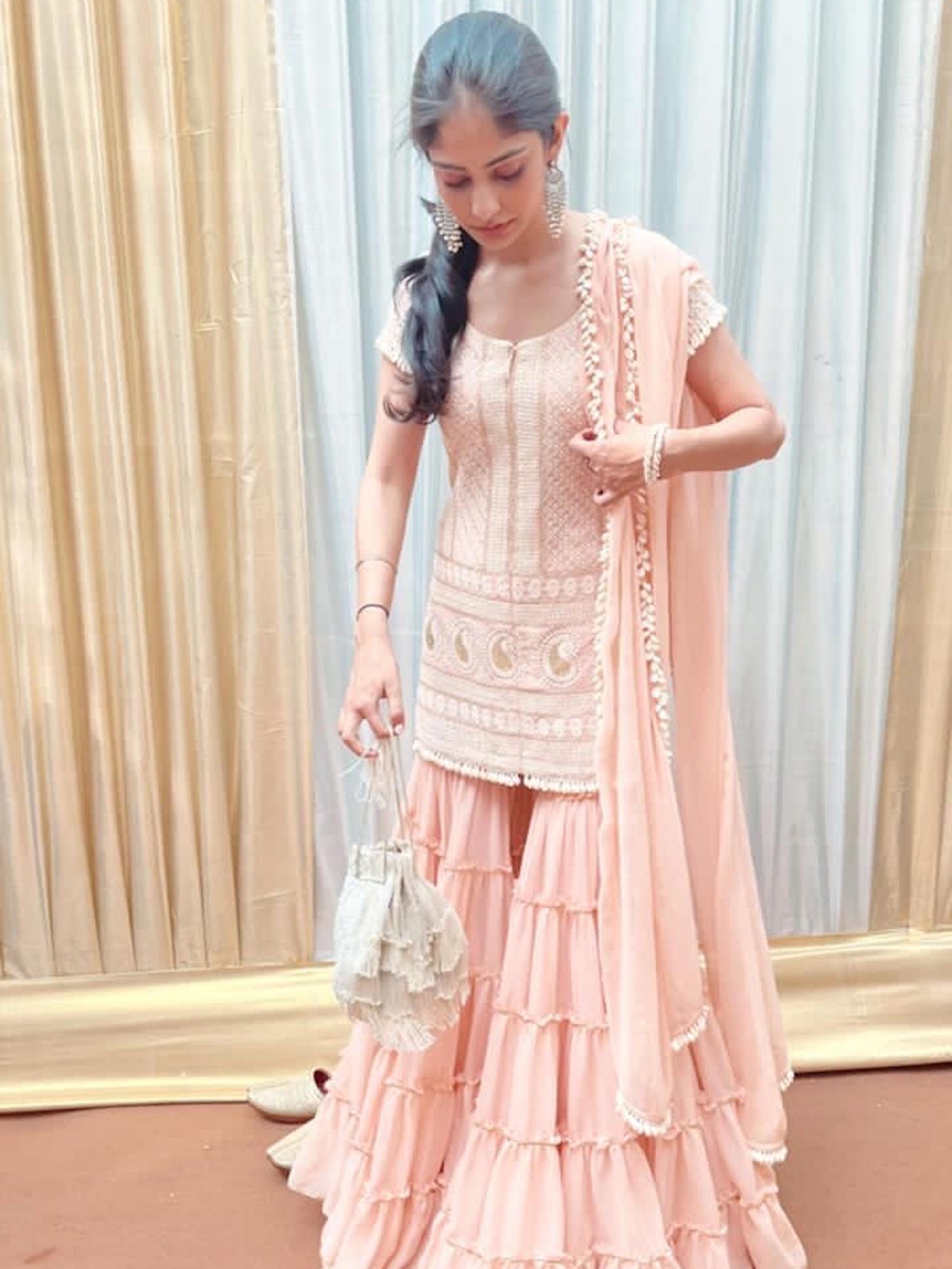PEACH CHIKANKARI (SHELLS) FRILL SHARARA SET