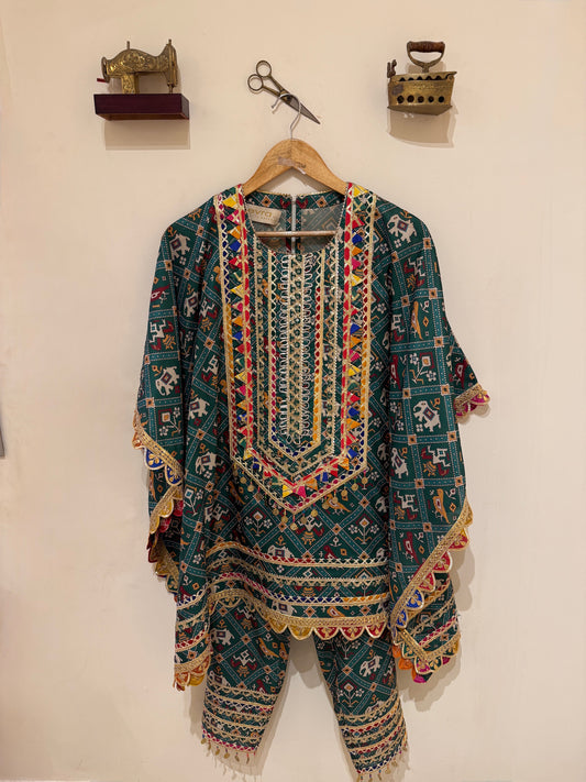 GREEN PATOLA KAFTAN SET