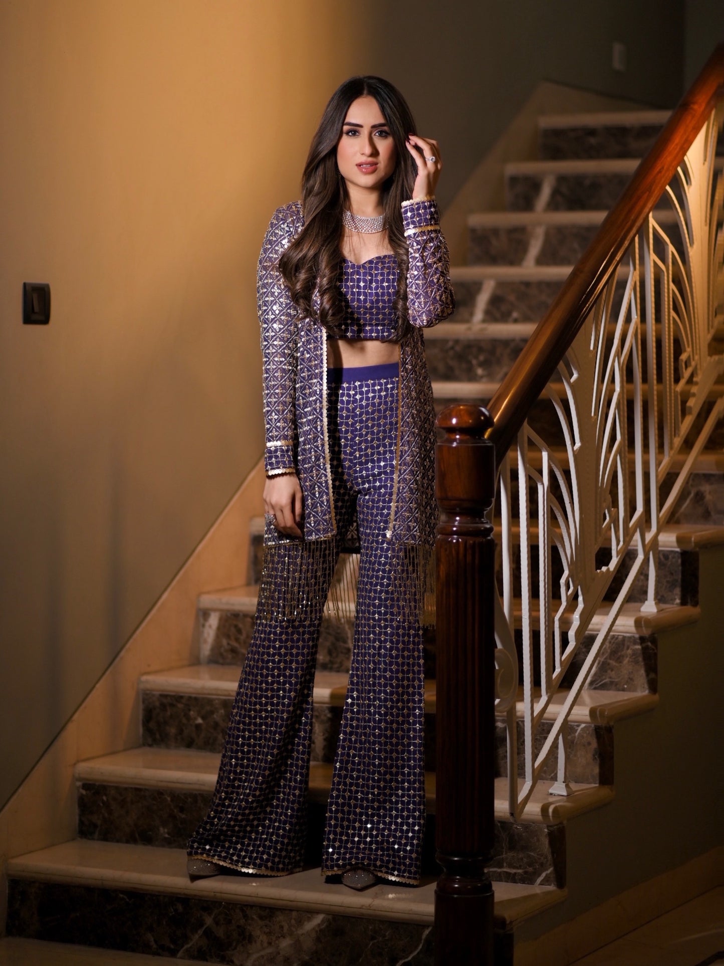 NIKITA VASDEV IN PURPLE ZARI & SEQUIN 3 PIECE SET