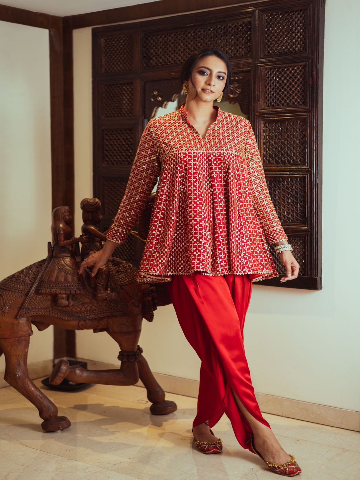 RASNA BHASIN IN RED ZARI & SEQUIN DHOTI SET