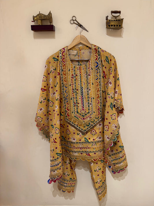 YELLOW PATOLA KAFTAN SET